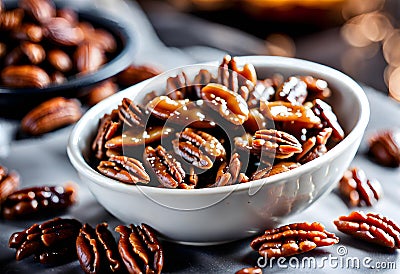 Caramelized or candied pecans Stock Photo