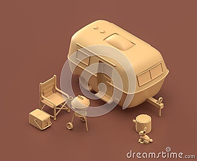 Caravan and barbecue. Isometric camping objects and scenes, monochrome yellow camping equipment on brown background, 3D Rendering Stock Photo