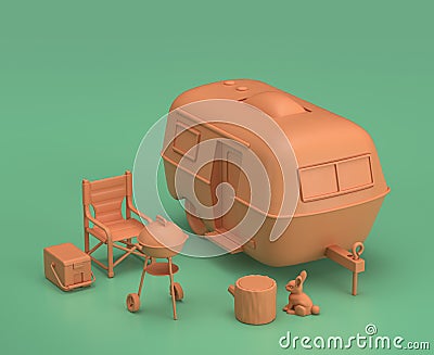 Caravan and barbecue. Isometric camping objects and scenes, monochrome yellow camping equipment on green background, 3D Rendering Stock Photo