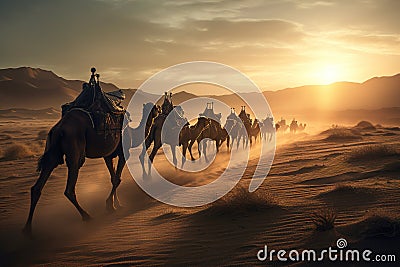 The caravan of camels goes on the hot waterless desert with barkhans on a sunset. Stock Photo