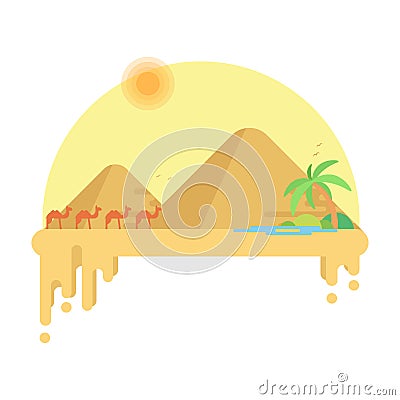 Caravan of camels goes to the oasis against the backdrop of pyramids of giza. Vector Illustration