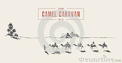Caravan camels oasis desert drawn vector sketch Vector Illustration