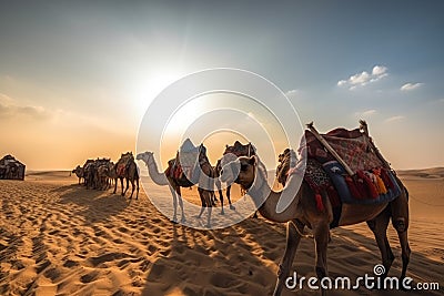 Caravan camels sunrise. Generate Ai Stock Photo