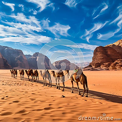 A caravan of camels wandering across the Wadi Rum desert, Jordan Stock Photo