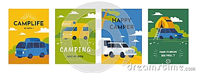 Caravan camper. Automobile RV. Tourists trailer posters. Car recreation. Vehicle home in trip road. Nature adventures Vector Illustration