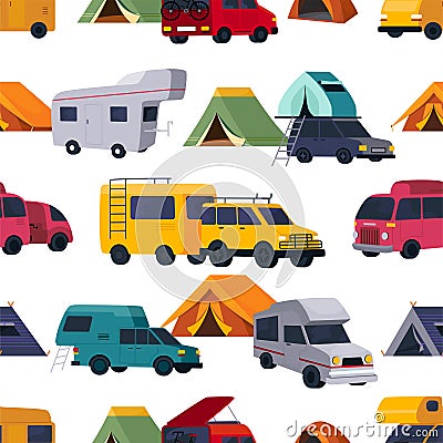 Caravan camper pattern, cartoon van and bus isolated on white background. Family trailer car for summer travel, retro Vector Illustration