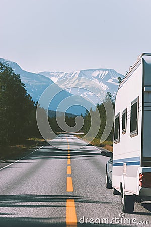 Caravan camper road trip travel in Norway RV trailer Stock Photo