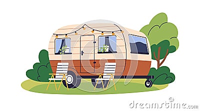 Caravan, camper trailer for summer holiday travel, camping in campervan. RV, recreational vehicle, van, home on wheels Vector Illustration