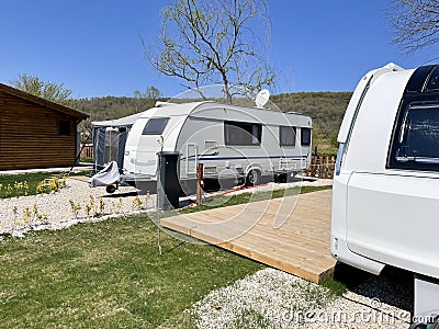 Caravan campsite with travel trailers in a row. Riva, Istanbul, Turkey - April 04, 2022 Editorial Stock Photo