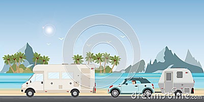 Caravan car driving car on road on the beach Vector Illustration