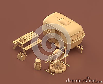 Caravan and picnic table with barbecue. Isometric camping objects and scenes, monochrome yellow camping equipment on brown Stock Photo