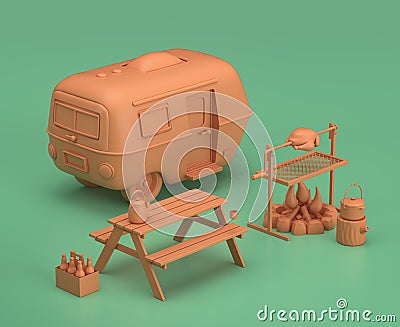 Caravan and picnic table with barbecue. Isometric camping objects and scenes, monochrome yellow camping equipment on green Stock Photo