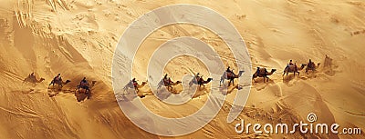 a caravan's passage through a vast expanse of sand, with camels and travelers weaving in a graceful, snaking line. Stock Photo