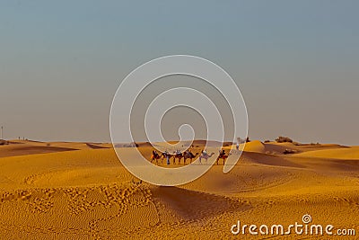 Caravan with tourists among the sand dunes of the desert close up. Dubai 2019. Stock Photo