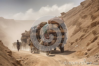 caravan transporting valuable goods along treacherous journey Stock Photo