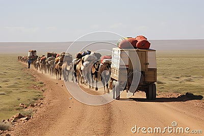 caravan transporting valuable goods along treacherous journey Stock Photo