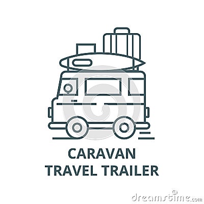 Caravan,travel camping trailer line icon, vector. Caravan,travel camping trailer outline sign, concept symbol, flat Vector Illustration