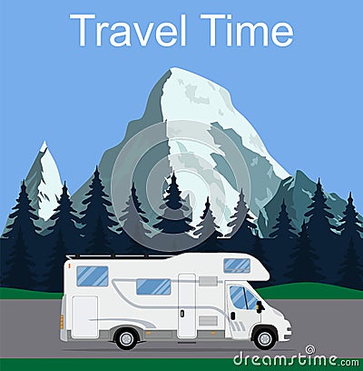 Caravan van driving on the road. Vector Illustration