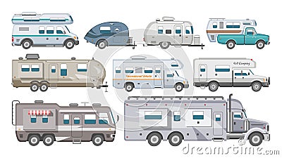 Caravan vector rv camping trailer and caravanning vehicle for traveling or journey illustration transportable set of Vector Illustration