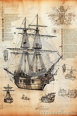 Caravel, sailing ship sketch. Technical drawing. Exploration and discovery concept. Nautical poster artwork design. Generative Ai Cartoon Illustration