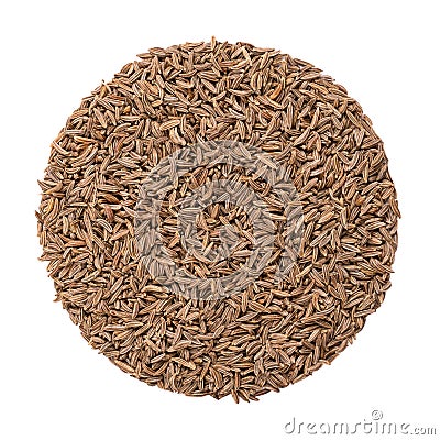 Caraway seeds, whole dried fruits of meridian fennel, circle, from above Stock Photo