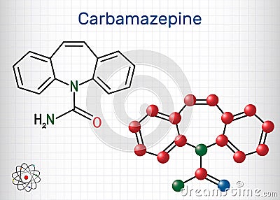 Carbamazepine, CBZ, C15H12N2O molecule. It is anticonvulsant and analgesic drug, used in therapy of epilepsy and trigeminal Vector Illustration