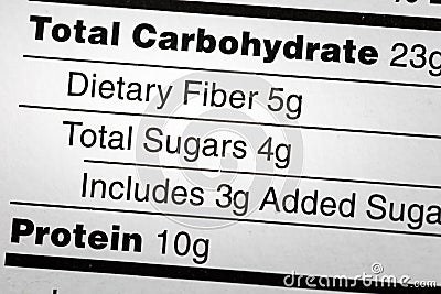 Carbohydrate dietary fiber added sugars food label protein diet Stock Photo