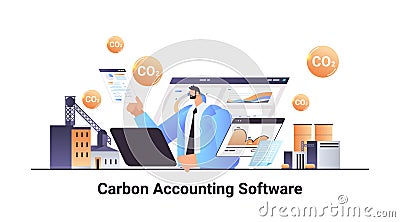 carbon credit accounting software businessman analyzing statistic data graphs responsibility of co2 emission environment Vector Illustration