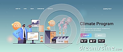 carbon credit climate program businessman analyzing statistic data graphs responsibility of co2 emission environment Cartoon Illustration