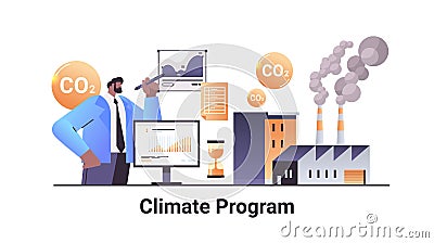 carbon credit climate program businessman analyzing statistic data graphs responsibility of co2 emission environment Vector Illustration