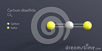 carbon disulfide molecule 3d rendering, flat molecular structure with chemical formula and atoms color coding Stock Photo