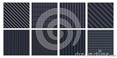Carbon fiber texture. Interlaced fibers, carbonic woven and black aramid material seamless pattern vector set Vector Illustration