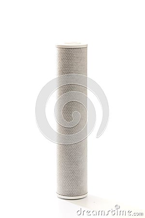 Carbon filter for water purification with a mesh structure of fishing line, replaceable cartridge for drinking water purification Stock Photo