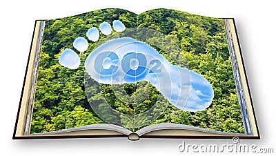 Carbon footprint concept with CO2 text and footprint shape against woodland - 3D rendering opened photobook CO2 Neutral and Stock Photo