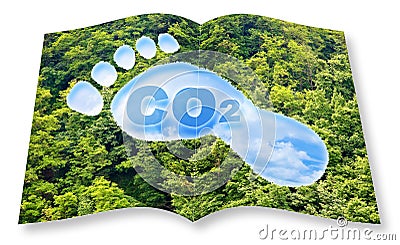 Carbon footprint concept with CO2 text and footprint shape against woodland - 3D rendering opened photobook CO2 Neutral and Stock Photo