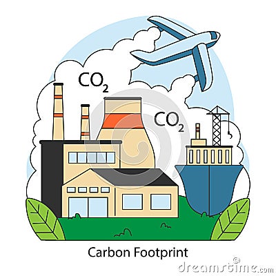 Carbon footprint. Factory, plane and ship emitting CO2. Global carbon Vector Illustration