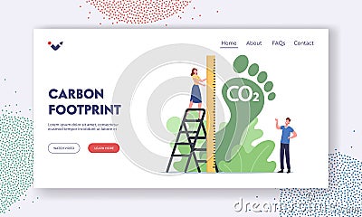 Carbon Footprint Landing Page Template. Tiny Female Character Measure Huge Green Foot, Co2 Emission Environmental Impact Vector Illustration