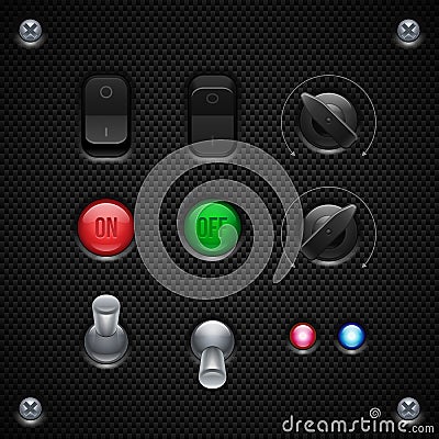 Carbon UI Application Software Controls Set. Switcher, Button, Knobs, Lamps Vector Illustration