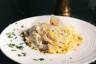 Carbonara pasta dish, mediterranean lunch details Stock Photo