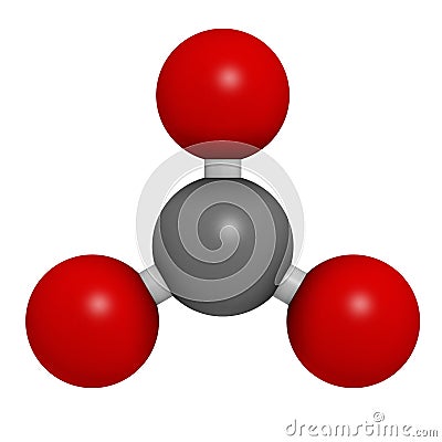 Carbonate anion, chemical structure. 3D rendering. Atoms are represented as spheres with conventional color coding: carbon (grey Stock Photo