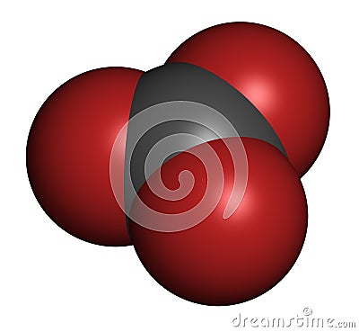 Carbonate anion, chemical structure. 3D rendering. Atoms are represented as spheres with conventional color coding: carbon (grey Stock Photo