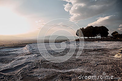 Carbonate travertines the natural pools during sunset, Pamukkale Stock Photo