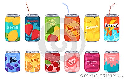 Carbonated drinks in aluminum cans. Sweet colored waters for thirsty people. Vector illustration Vector Illustration