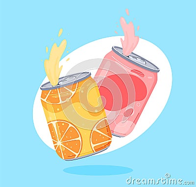 Carbonated drinks in aluminum cans. Sweet colored waters for thirsty people. Vector illustration Vector Illustration