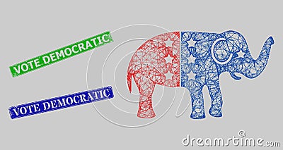 Grunged Vote Democratic Stamp Seals and Network American Democratic Elephant Mesh Vector Illustration