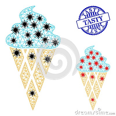 Carcass Mesh Icecream Pictograms with Coronavirus Parts and Grunge Round Tasty Seal Vector Illustration