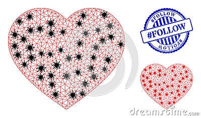 Carcass Mesh Love Heart Pictograms with Coronavirus Items and Scratched Round hashtag Follow Stamp Vector Illustration