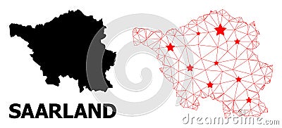 Carcass Polygonal Map of Saarland State with Red Stars Vector Illustration