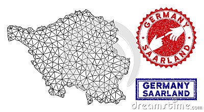 Polygonal Wire Frame Saarland Land Map and Grunge Stamps Vector Illustration