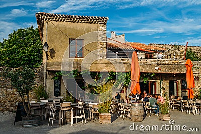 Restaurant terrace in Carcassonne, a hilltop town in southern France, is an UNESCO World Heritage Site Editorial Stock Photo